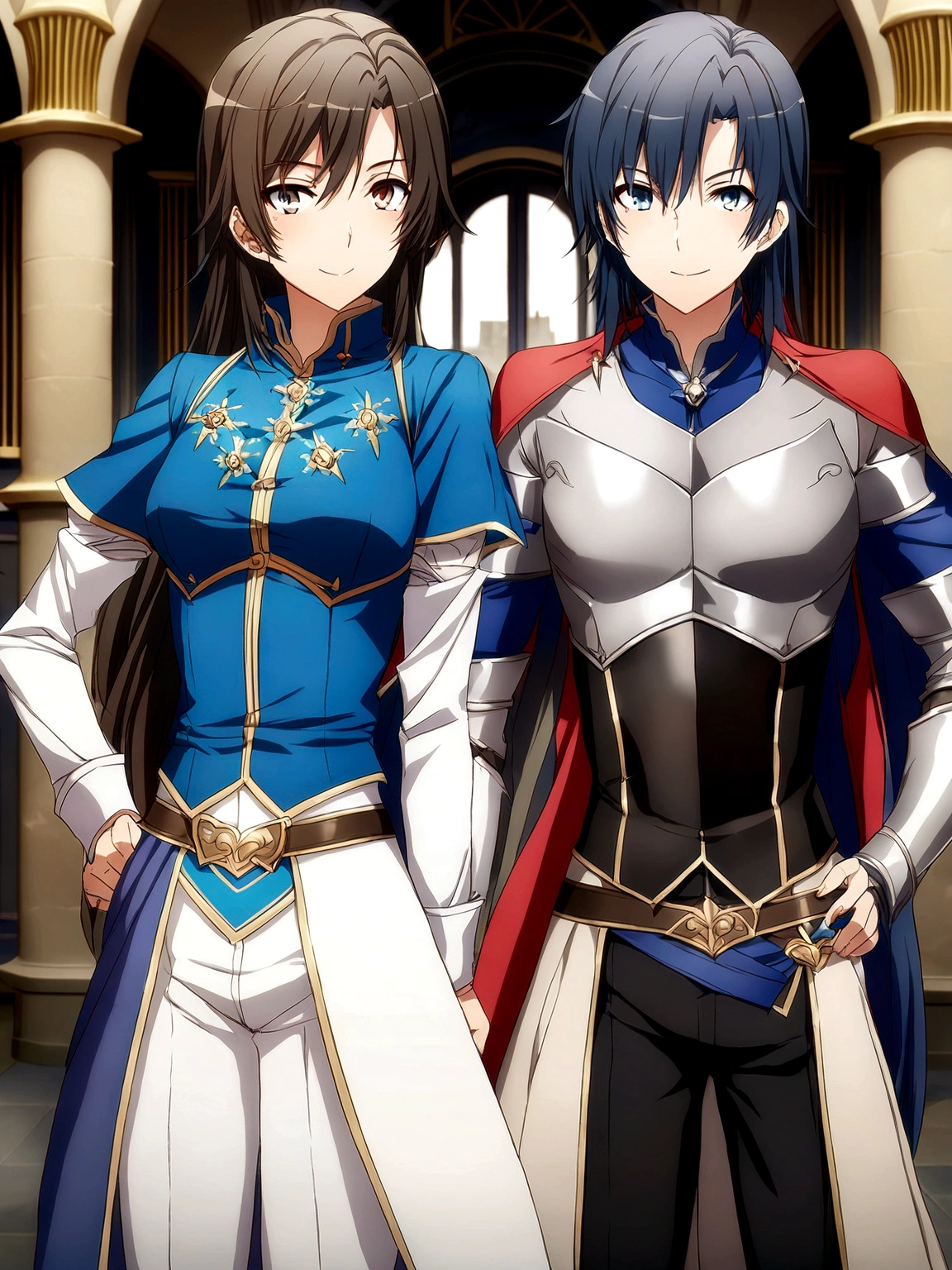 A strong male knight and a cute male jester