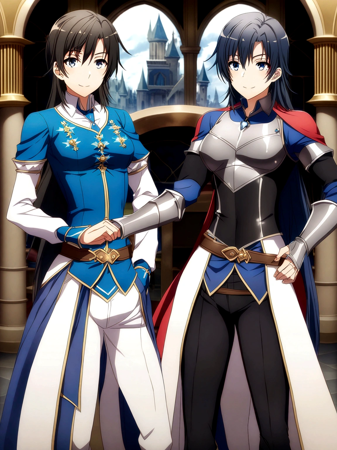 A strong male knight and a cute male jester