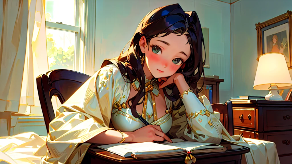(Highest quality, masterpiece, Ultra-realistic), Beautiful and delicate15Year-old girl portrait, With a calm and gentle expression, The background is a man studying hard at his desk in his bedroom at home.、Private Server、Bust is C cup、It's summer、The decorations are retro、