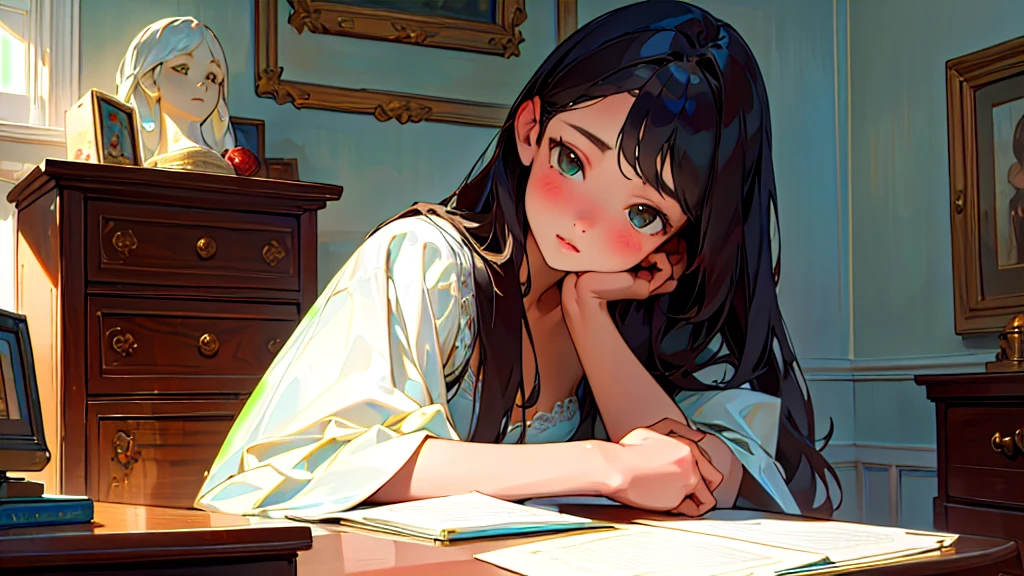 (Highest quality, masterpiece, Ultra-realistic), Beautiful and delicate１５Year-old girl portrait, With a calm and gentle expression, The background is a man studying hard at his desk in his bedroom at home.、Private Server、Bust is C cup、It&#39;s summer、The decorations are retro、