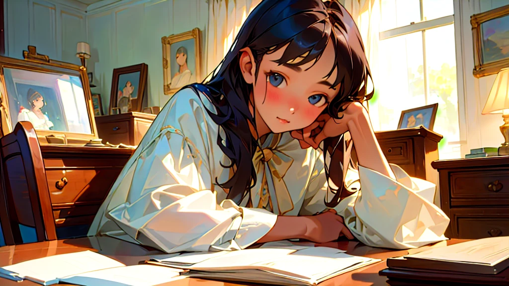 (Highest quality, masterpiece, Ultra-realistic), Beautiful and delicate15Year-old girl portrait, With a calm and gentle expression, The background is a man studying hard at his desk in his bedroom at home.、Private Server、Bust is C cup、It's summer、The decorations are retro、
