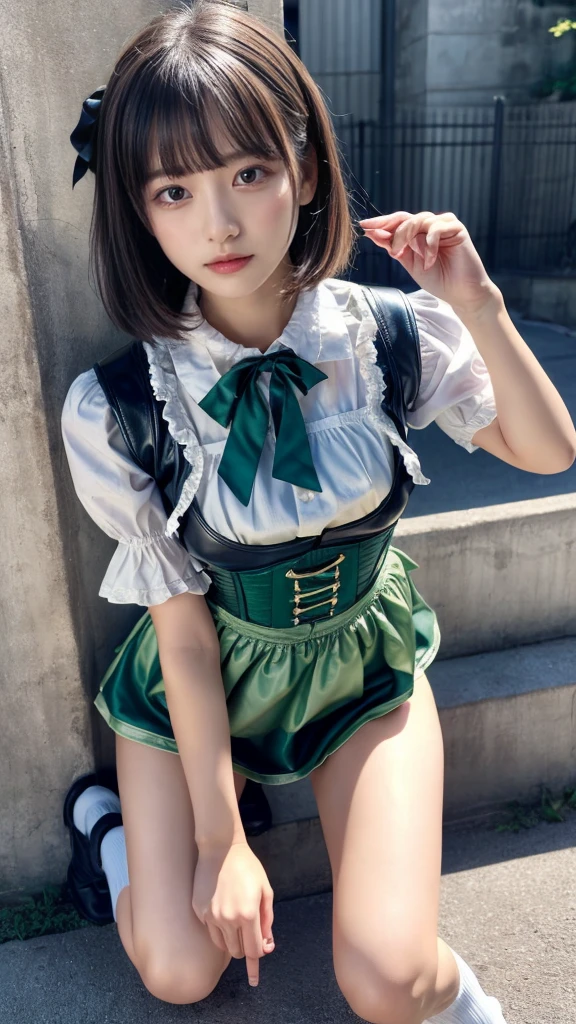 masterpiece, best quality, illustration, Super detailed, fine details, High resolution, 8K,wall paper, perfect dynamic composition, front view, knees, 18 year old girl, Gravure Idol, cute type, (Details High quality, realistic depiction of eyes:1.3), revealing clothes, short bob hair, bangs, black hair color, Dark makeup, Big Natural Color Lip, perfect body shape, plump figure, beautiful clavicle, Black leather jacket, BREAK (fusion of dirndl and short sleeve white collared-shirt with neck ribbon:1.4), ((A-line, underboobs, puff sleeves):1.3), ((deep-green Pinafore, deep green corset):1.3), thighs skin, (socks:1.3), (shoes:1.2)