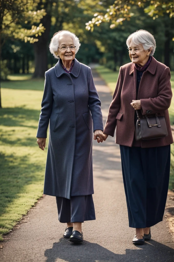 Old lady walking hand in hand with her little granddaughter
