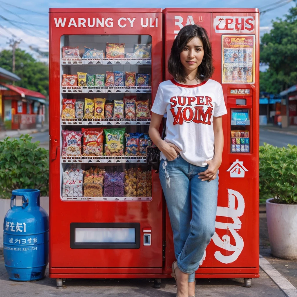 a woman standing in front of a vending machine