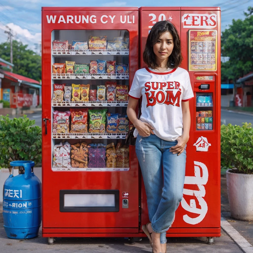 a woman standing in front of a vending machine