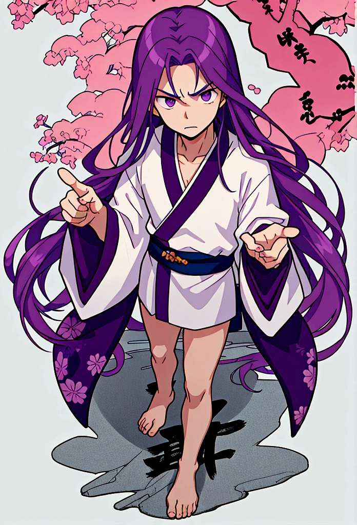 Boy with very long and intense violet hair, flushed with anger, shy, nervous, pointing forward, white t-shirt, slightly seen from above, full body, Japanese writing background, Japanese cover tags, Japanese lettering, professional manga cover, manga cover