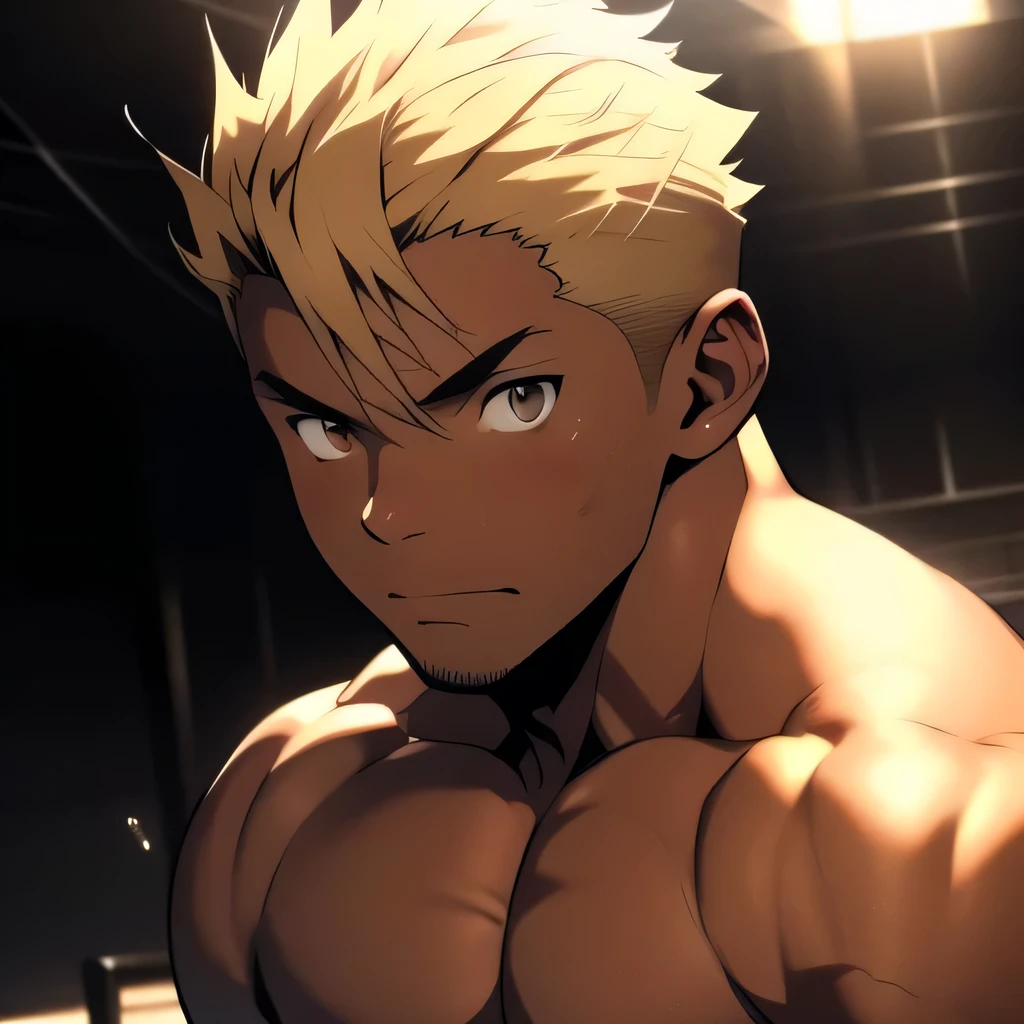 anime adult black man, bleached blonde hair, dark brown eyes, dark skin, muscular build, very physically strong, fighter, topless, close up head shot, cloudy background