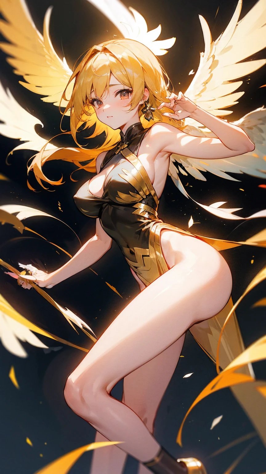 Qian Renxue, Young woman, golden hair, big breasts, 6 wings, stand, Perfect Body