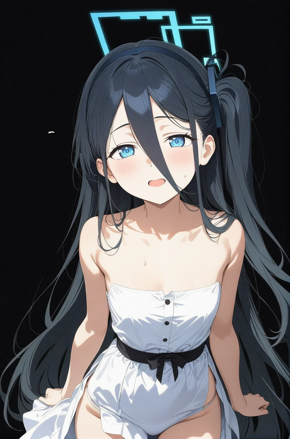 best quality, amazing quality, very aesthetic, absurdres, 1girl, aris (blue archive), blue archive, blue eyes, strapless, (artist official art:1.5), (realistic face), (narrowed eyes), (from above:0.7), (cowboy shot:2), (concept art:1.5), panties, (thigh), expressive eyes, perfect face, 4k, extremely detailed anime illustration, extremely detailed eyes, enhanced details, perfect anatomy, light rays, photo background, extremely delicate body, smooth skin, feminine expression, (black background:2), cristal clear eyes, beautiful face,
