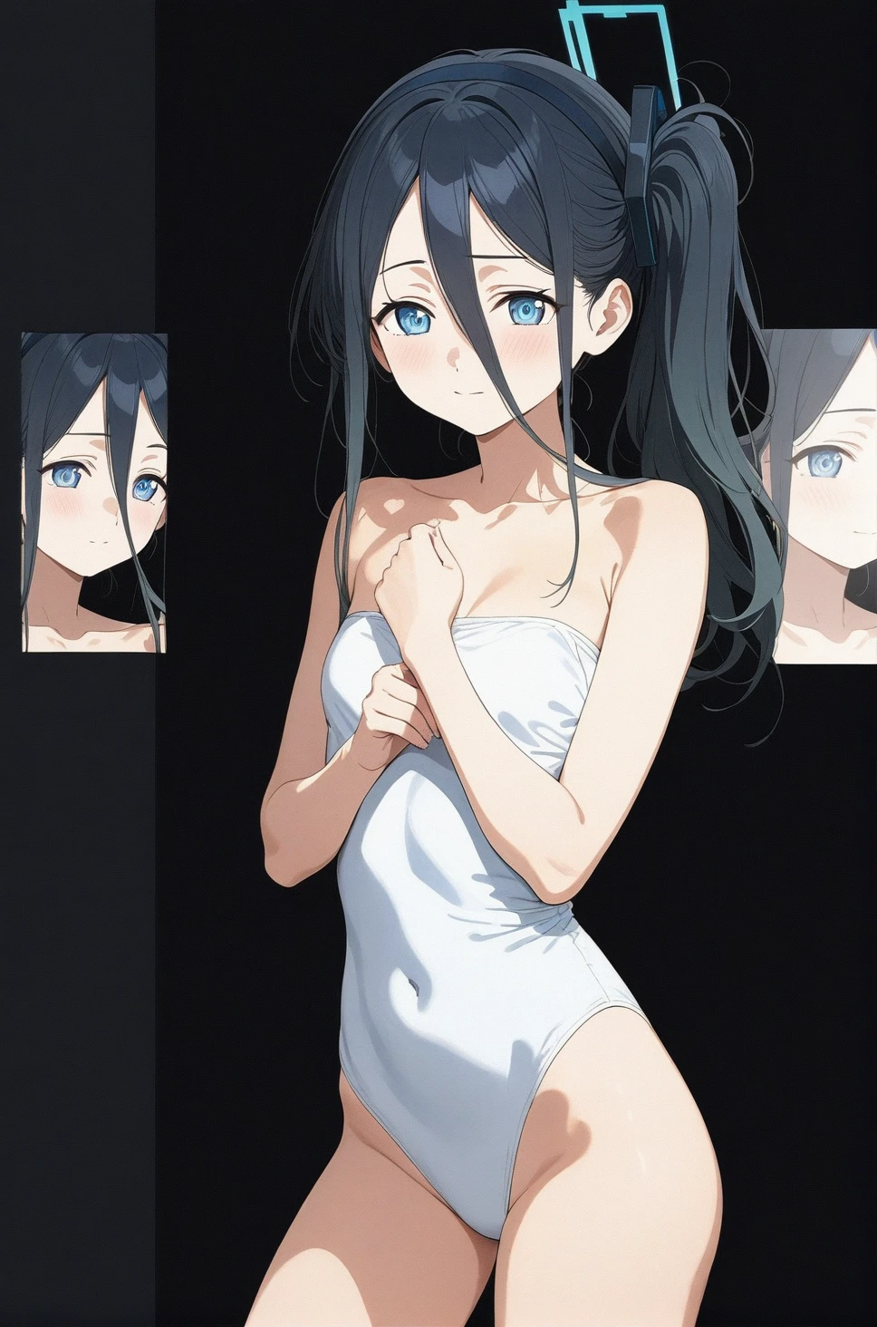 best quality, amazing quality, very aesthetic, absurdres, 1girl, aris (blue archive), blue archive, blue eyes, strapless, (artist official art:1.5), (realistic face), (narrowed eyes), (from above:0.7), (cowboy shot:2), (concept art:1.5), panties, (thigh), expressive eyes, perfect face, 4k, extremely detailed anime illustration, extremely detailed eyes, enhanced details, perfect anatomy, light rays, photo background, extremely delicate body, smooth skin, feminine expression, (black background:2), cristal clear eyes, beautiful face,