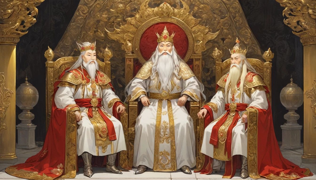 two men,An old emperor named John,Tall, Square face.Silver long hair,Wearing a golden crown, Thick eyebrows,Long white beard.,Pale complexion, Wearing a gorgeous golden robe,Embroidered with dragon pattern.;Another young general named Ken,Burly figure,Long face, Blonde short hair,Thick eyebrows,Short whiskers,Healthy bronze,Wearing a red armor,Symbol with sun,There is a golden sword on the waist; John is sitting majestically on a glittering throne。Ken stands in front of the throne,Looks like he's protecting the man sitting on the throne,There was an air of respect and loyalty between the two.。