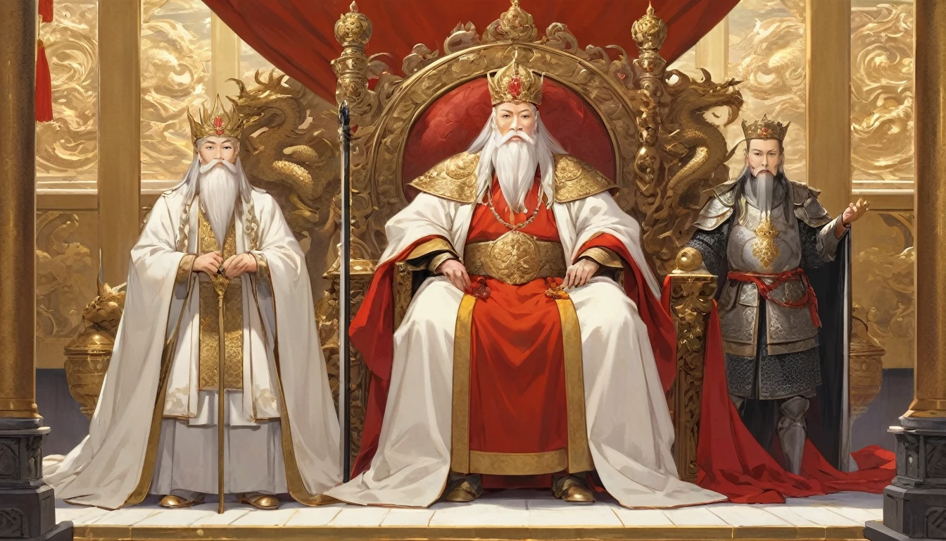two men,An old emperor named John,Tall, Square face.Silver long hair,Wearing a golden crown, Thick eyebrows,Long white beard.,Pale complexion, Wearing a gorgeous golden robe,Embroidered with dragon pattern.;Another young general named Ken,Burly figure,Long face, Blonde short hair,Thick eyebrows,Short whiskers,Healthy bronze,Wearing a red armor,Symbol with sun,There is a golden sword on the waist; John is sitting majestically on a glittering throne。Ken stands in front of the throne,Looks like he's protecting the man sitting on the throne,There was an air of respect and loyalty between the two.。
