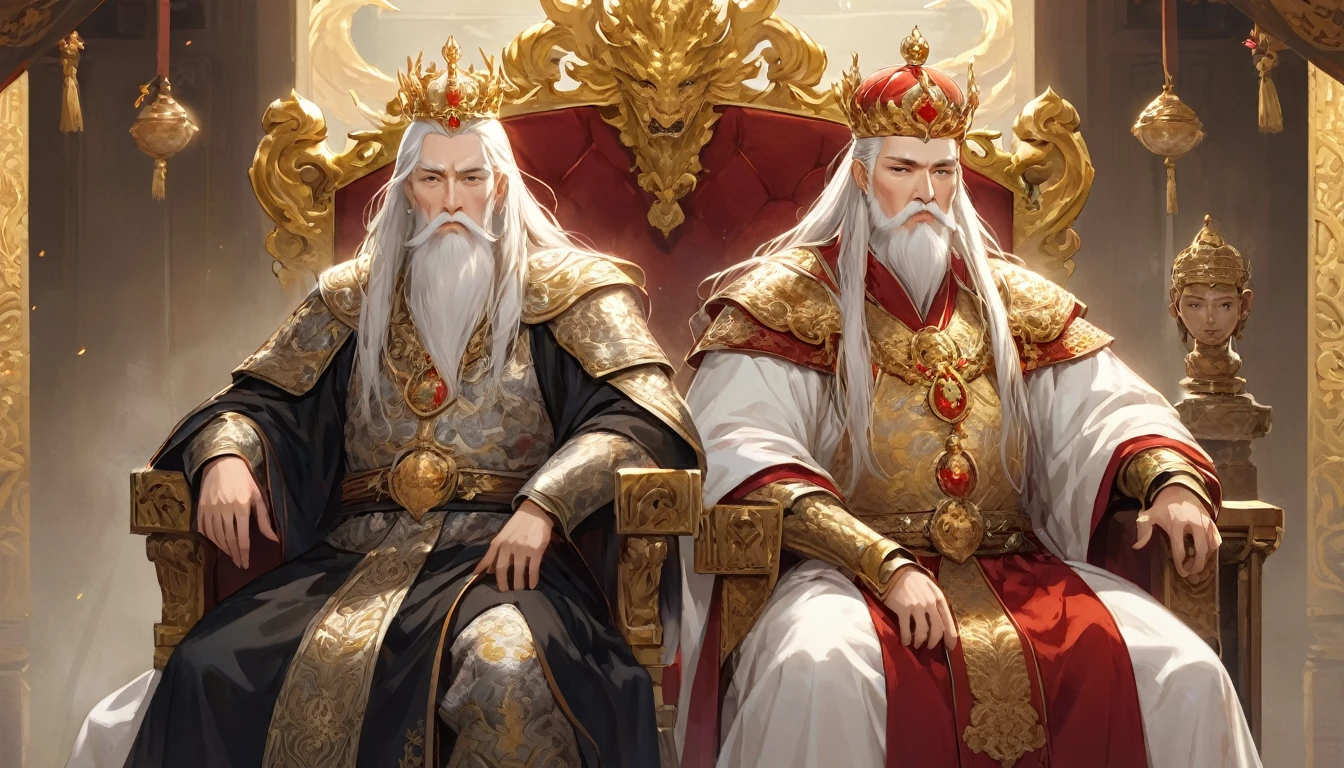 two men,An old emperor named John,Tall, Square face.Silver long hair,Wearing a golden crown, Thick eyebrows,Long white beard.,Pale complexion, Wearing a gorgeous golden robe,Embroidered with dragon pattern.;Another young general named Ken,Burly figure,Long face, Blonde short hair,Thick eyebrows,Short whiskers,Healthy bronze,Wearing a red armor,Symbol with sun,There is a golden sword on the waist; John is sitting majestically on a glittering throne。Ken stands in front of the throne,Looks like he's protecting the man sitting on the throne,There was an air of respect and loyalty between the two.。