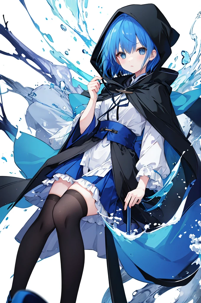 Girl、Blue hair short、Black cloak、stockings