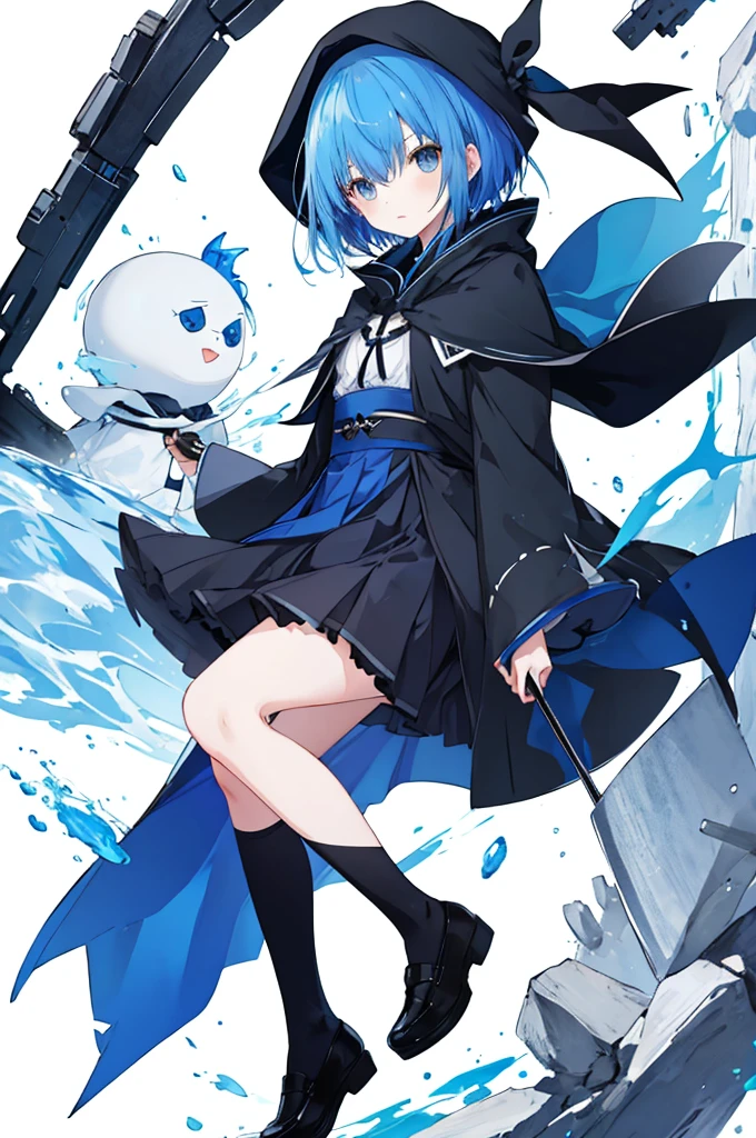 Girl、Blue hair short、Black cloak、stockings