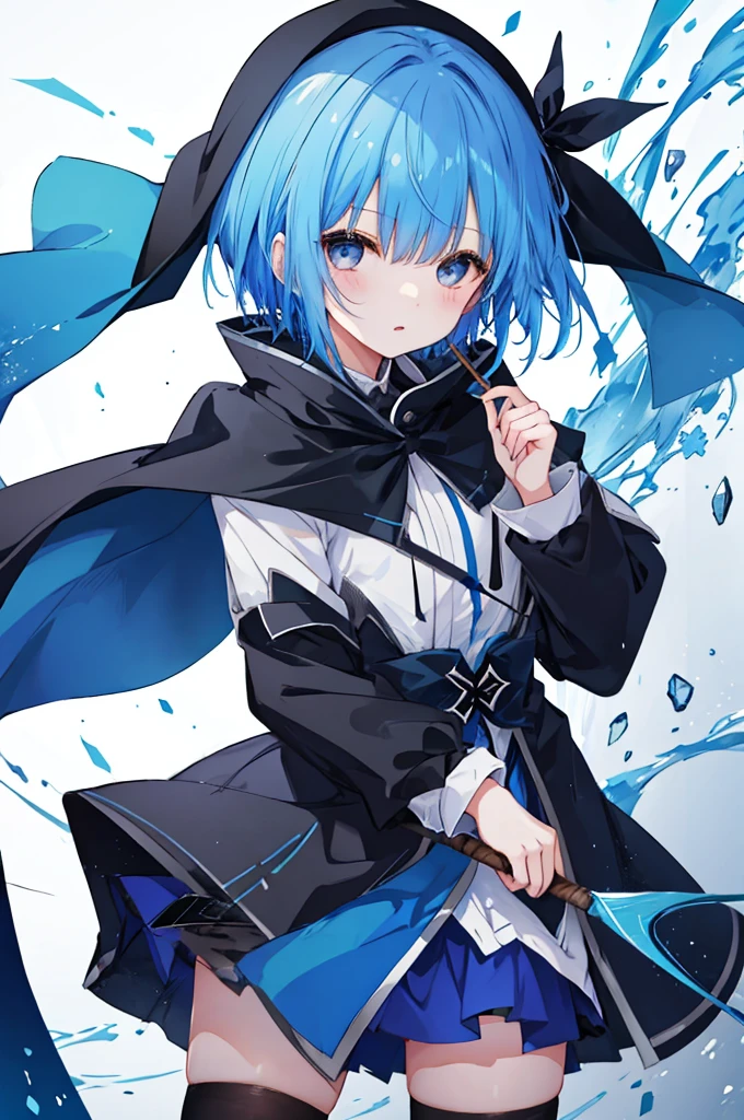 Girl、Blue hair short、Black cloak、stockings