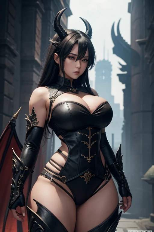 Half-dragon female character, fully body, big-ass, large breasted, black short outfit,