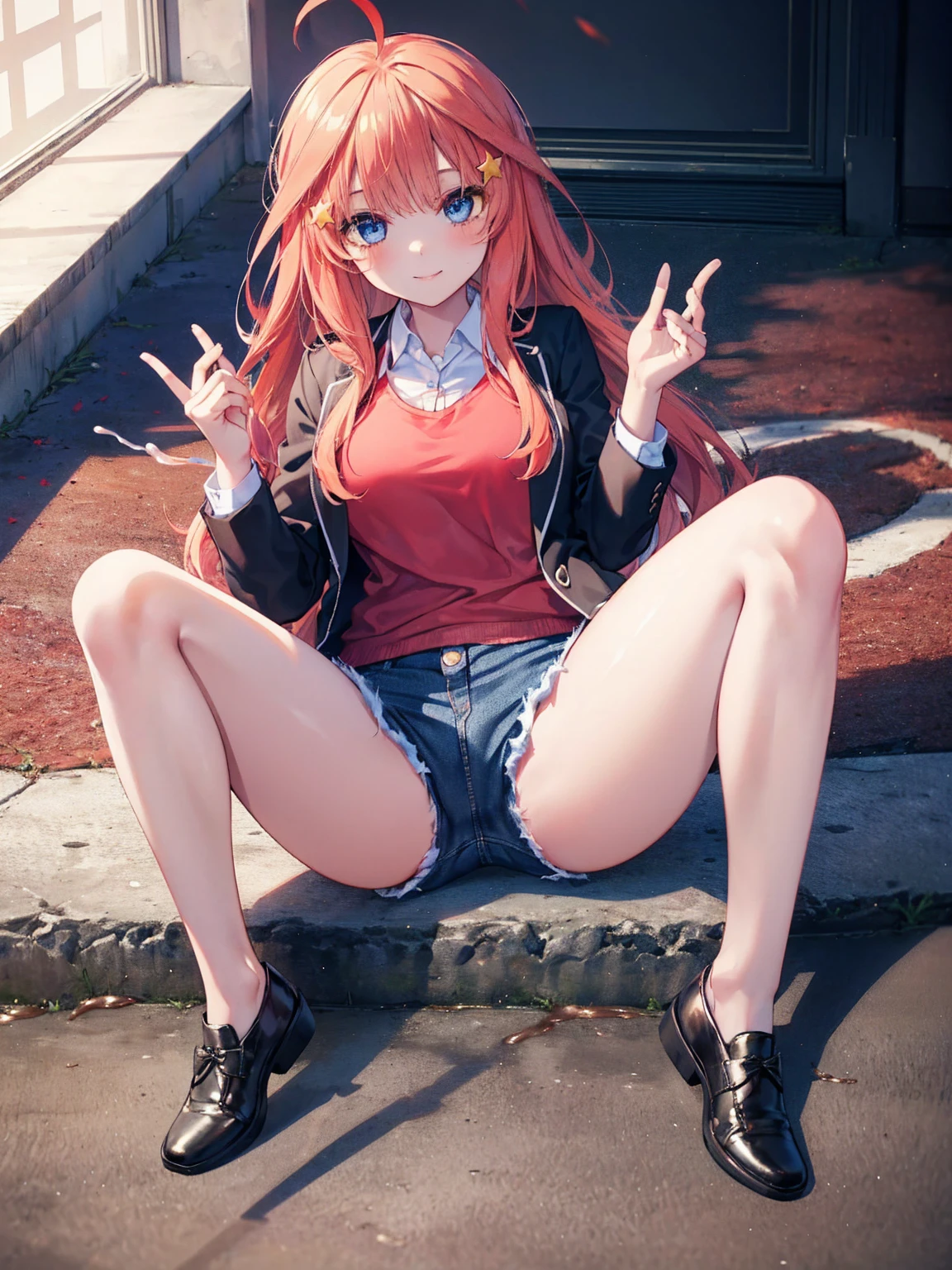 (8K, Highest quality, Highest quality, masterpiece), sit on the floor, aaitsuki, long hair, ahoge, star hair ornament, (fullbody), smile, school uniform, blazer, black jacket, open jacket, red sweater, long sleeves, (denim hot shorts), (mini shorts), big breasts, ((spread legs 1:2))