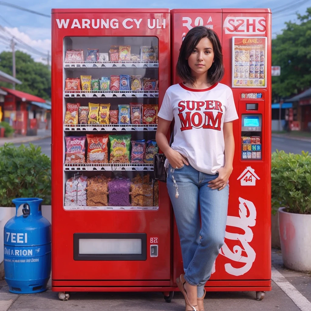 a woman standing in front of a vending machine