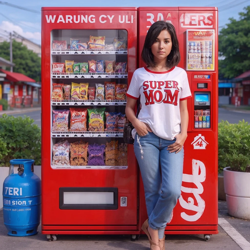 a woman standing in front of a vending machine