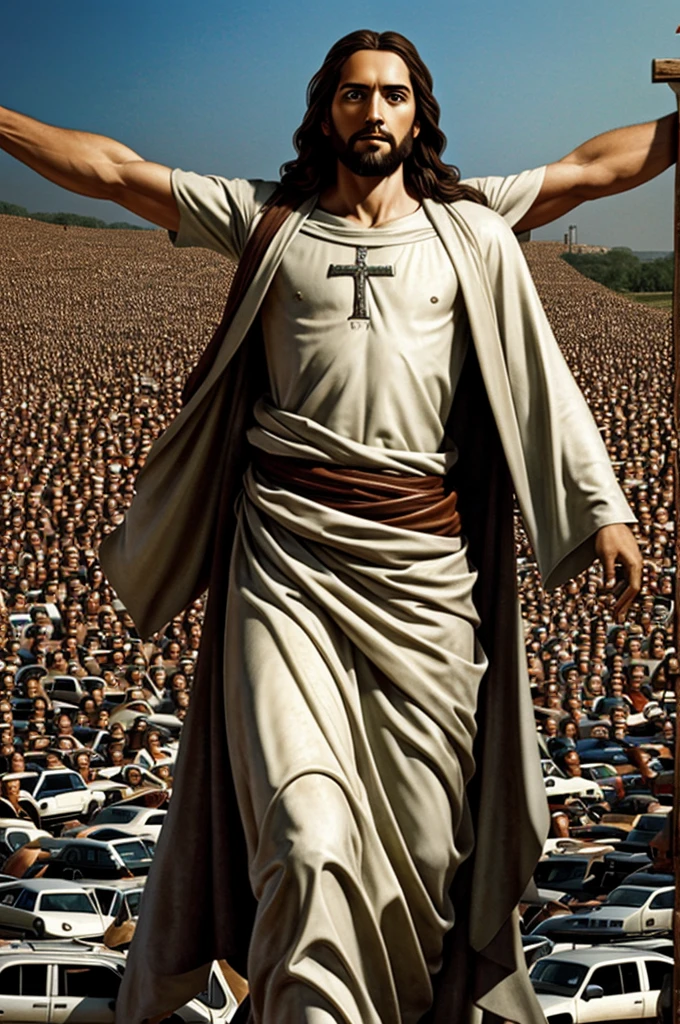Image of Jesus that is made of Thousands of cars and Jesus carrying the cross 