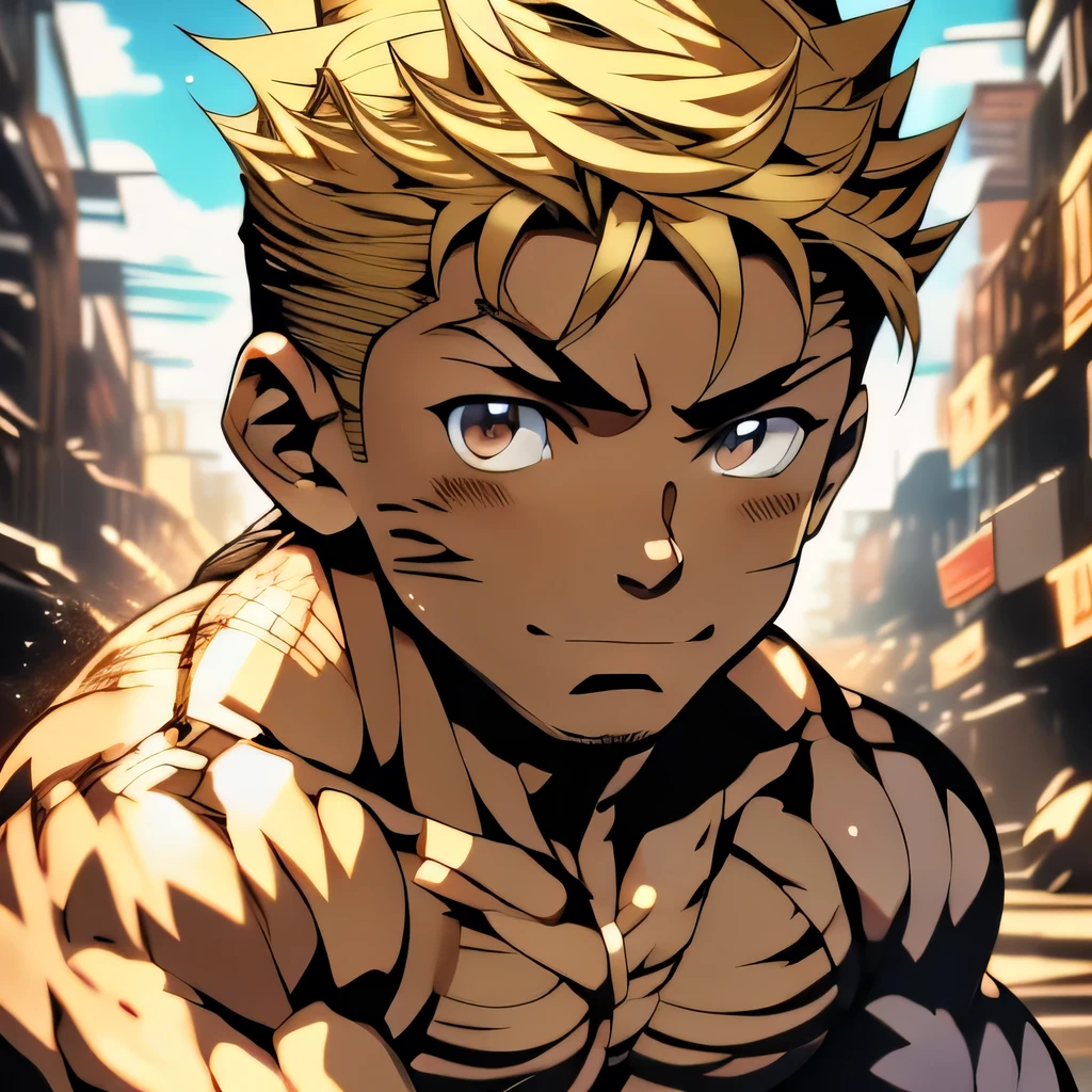 anime adult black man, bleached blonde hair, dark brown eyes, dark skin, muscular build, very physically strong, fighter, topless, close up head shot, cloudy background