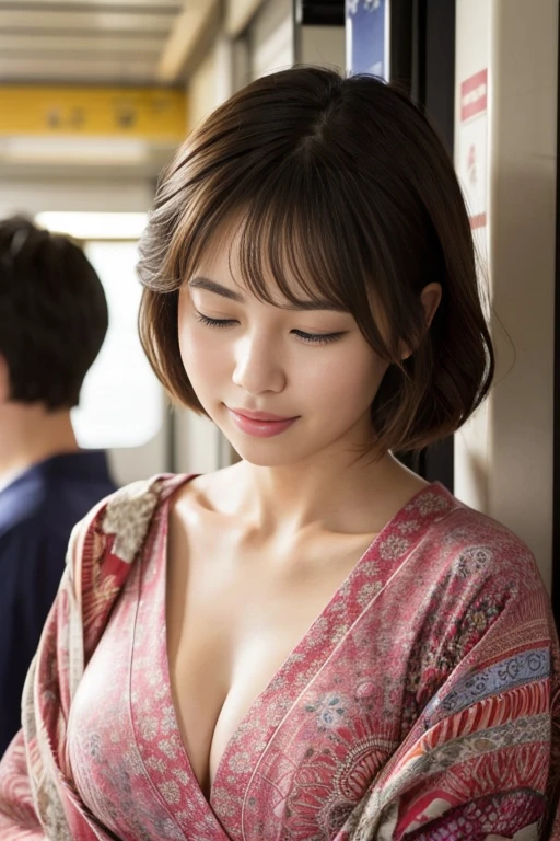 masterpiece、Highest quality、High resolution、Tabletop、wallpaper、Realistic、Bright lighting、Professional Lighting、Face Light、Smooth lighting、Japanese women、Adult female、Beautiful woman、、Modeled、gravure、sexly、so beautiful、Beautiful Skin、Beautiful and exquisite、Detailed face、slim、Large Breasts、Cleavage 、short hair、Brunette colored hair、Brown eyes、Japanese Kimono、Japanese Yukata、(Eyes closed:1.5)、(Expression of enduring pain:1.5)、(Expression of enduring pain:1.5)、In a crowded train、The man is in front of the woman、He has his face close to the woman's chest、