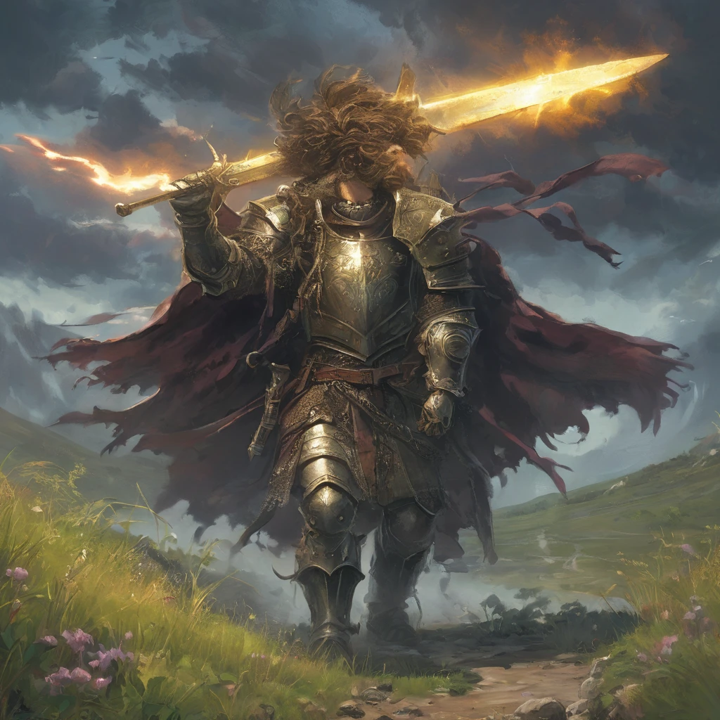 Amidst the rolling hills of the Forgotten Realms, where the whispers of ancient battles echo through the tall grasses and the sky hangs heavy with ominous clouds, strides Sir Alistair—a knight burdened by the weight of prophecy and the legacy of his forefathers. His short, brown curly hair ruffles in the wind, a stark contrast to the gleaming steel of his battle-worn armor that bears the marks of countless skirmishes and hard-fought victories.

With each step, the knight's boots sink into the soft earth of the grassfield, leaving imprints that tell tales of valor and hardship. His gauntleted hand rests lightly on the pommel of a sword that hangs at his hip, its blade etched with runes of ancient power and tempered by the blood of mythical beasts.

Behind him, the sun dips below the horizon, casting long shadows that stretch across the verdant landscape like spectral fingers. The air is heavy with the scent of wildflowers and the distant rumble of thunder—a portent of storms to come and battles yet to be waged.

In this AI-generated image inspired by medieval dark fantasy, Sir Alistair's solitary journey through the grassfield becomes a testament to courage, duty, and the unyielding quest for honor in a world where shadows lurk at every turn and the line between hero and villain blurs."