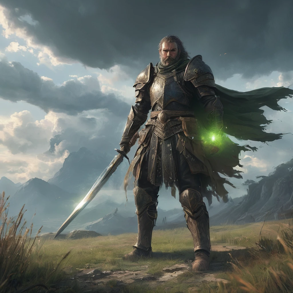 Amidst the rolling hills of the Forgotten Realms, where the whispers of ancient battles echo through the tall grasses and the sky hangs heavy with ominous clouds, strides Sir Alistair—a knight burdened by the weight of prophecy and the legacy of his forefathers. His short, brown curly hair ruffles in the wind, a stark contrast to the gleaming steel of his battle-worn armor that bears the marks of countless skirmishes and hard-fought victories.
With each step, the knight's boots sink into the soft earth of the grassfield, leaving imprints that tell tales of valor and hardship. His gauntleted hand rests lightly on the pommel of a sword that hangs at his hip, its blade etched with runes of ancient power and tempered by the blood of mythical beasts.
Behind him, the sun dips below the horizon, casting long shadows that stretch across the verdant landscape like spectral fingers. The air is heavy with the scent of wildflowers and the distant rumble of thunder—a portent of storms to come and battles yet to be waged.
In this AI-generated image inspired by medieval dark fantasy, Sir Alistair's solitary journey through the grassfield becomes a testament to courage, duty, and the unyielding quest for honor in a world where shadows lurk at every turn and the line between hero and villain blurs."