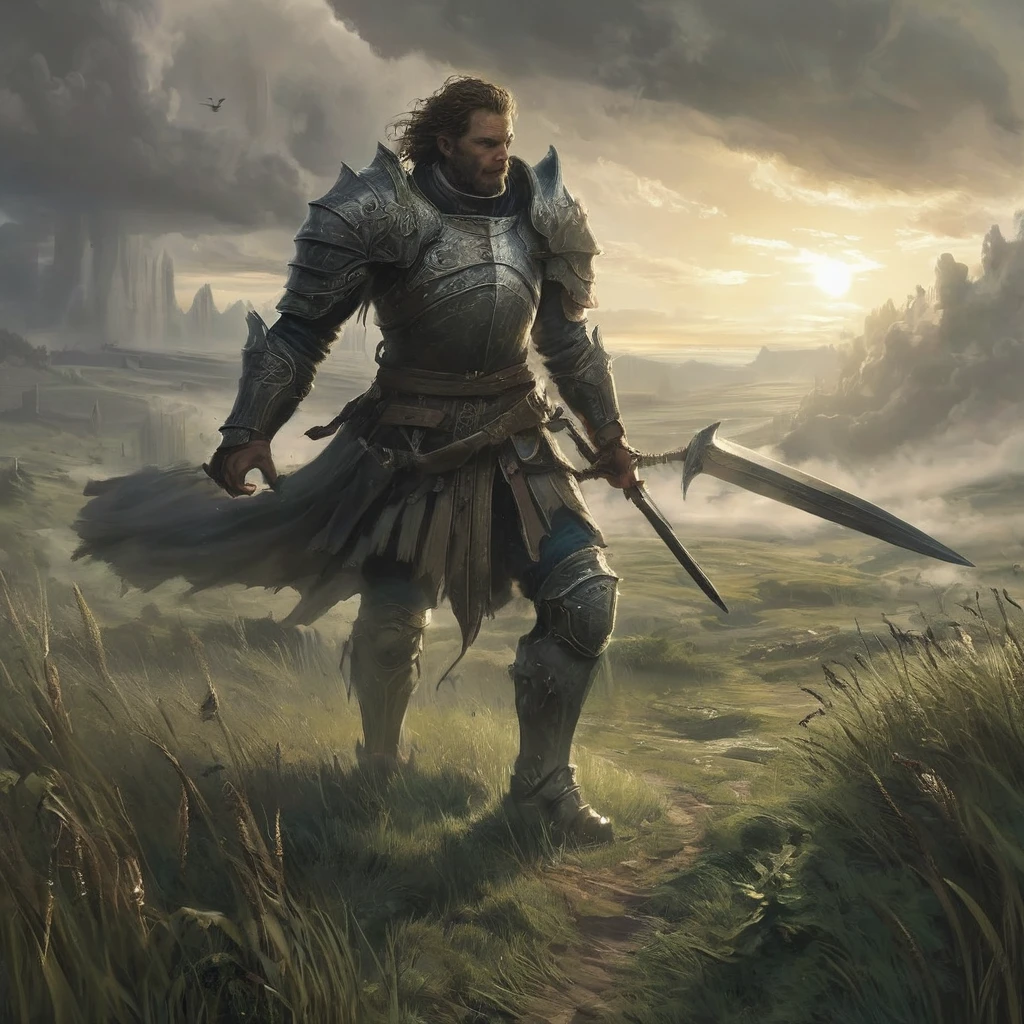 Amidst the rolling hills of the Forgotten Realms, where the whispers of ancient battles echo through the tall grasses and the sky hangs heavy with ominous clouds, strides Sir Alistair—a knight burdened by the weight of prophecy and the legacy of his forefathers. His short, brown curly hair ruffles in the wind, a stark contrast to the gleaming steel of his battle-worn armor that bears the marks of countless skirmishes and hard-fought victories.

With each step, the knight's boots sink into the soft earth of the grassfield, leaving imprints that tell tales of valor and hardship. His gauntleted hand rests lightly on the pommel of a sword that hangs at his hip, its blade etched with runes of ancient power and tempered by the blood of mythical beasts.

Behind him, the sun dips below the horizon, casting long shadows that stretch across the verdant landscape like spectral fingers. The air is heavy with the scent of wildflowers and the distant rumble of thunder—a portent of storms to come and battles yet to be waged.

In this AI-generated image inspired by medieval dark fantasy, Sir Alistair's solitary journey through the grassfield becomes a testament to courage, duty, and the unyielding quest for honor in a world where shadows lurk at every turn and the line between hero and villain blurs."