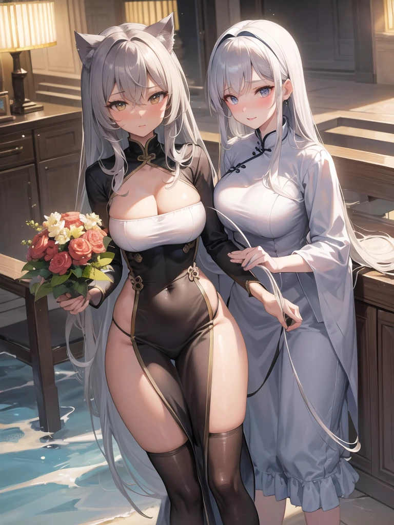 Really beautiful cat lady, Brown Skin, Perfect slim body, Mature royal sisters, Gray Hair, Royal sister face, China dress, Sexy and attractive, Beautiful Face, bust, 4K quality, Big body, Feminine expression, Blushing Shy, large bust, Deep Eyes