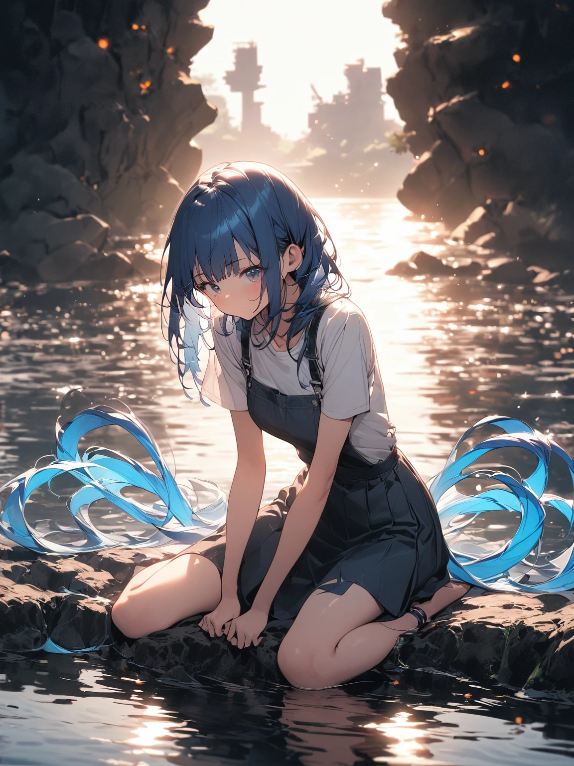A girl，Blue Hair，Double tail，Very energetic，Complete mission structure，Delicate face，(absurdres:1.1),full_shot,(posing:1.1),Sitting on the lake，Reflection