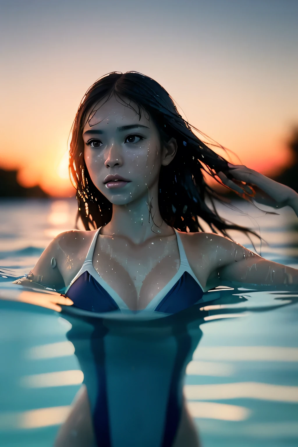(masterpiece), (very complicated:1.3), (realistic), girl portrait, lying on her back floating on the surface of the water, (dynamic perspective), the most beautiful in the world, (swimming swimsuit), sateen reflection, outdoor, intense sunlight, distant factory group, Stunning female professional photo details, sharp focus, dramatic, Award history, cinematic lighting, Octane Rendering Unreal Engine, volumetrics dtx, (film grain, blurred background, blurred foreground, Bokeh, Depth of the bounds written, sunset, motion blur:1.3), (wet hair: 1.0),