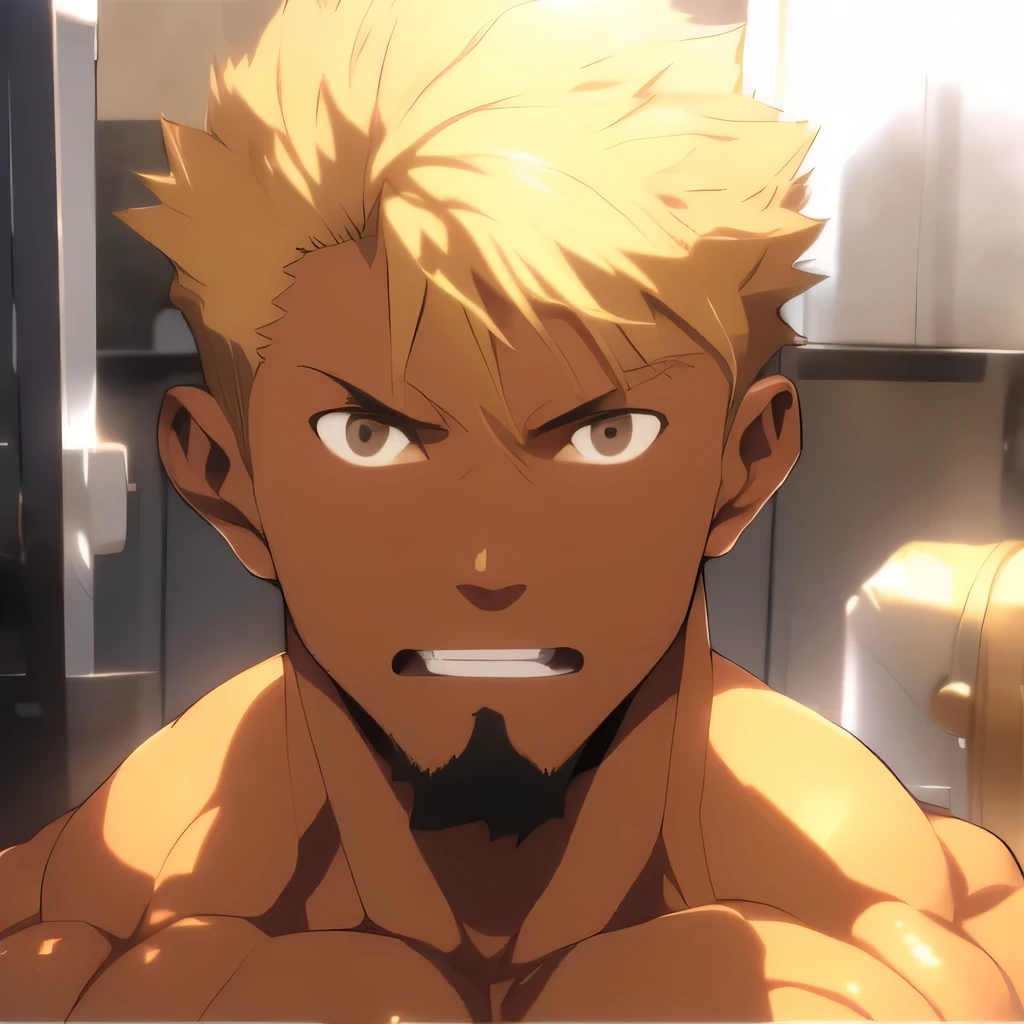 anime adult black man, bleached blonde hair, dark brown eyes, dark skin, muscular build, very physically strong, fighter, topless, close up head shot, cloudy background