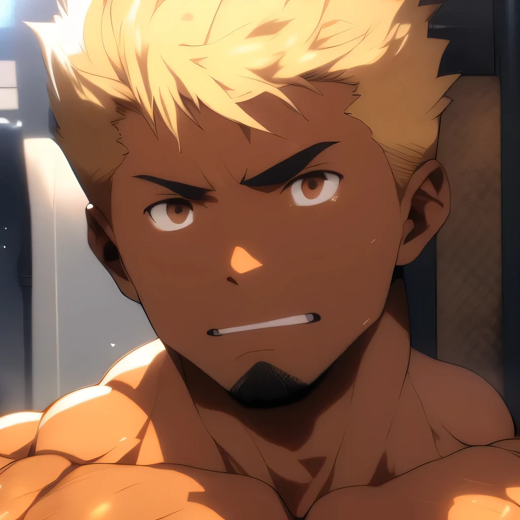 anime adult black man, bleached blonde hair, dark brown eyes, dark skin, muscular build, very physically strong, fighter, topless, close up head shot, cloudy background