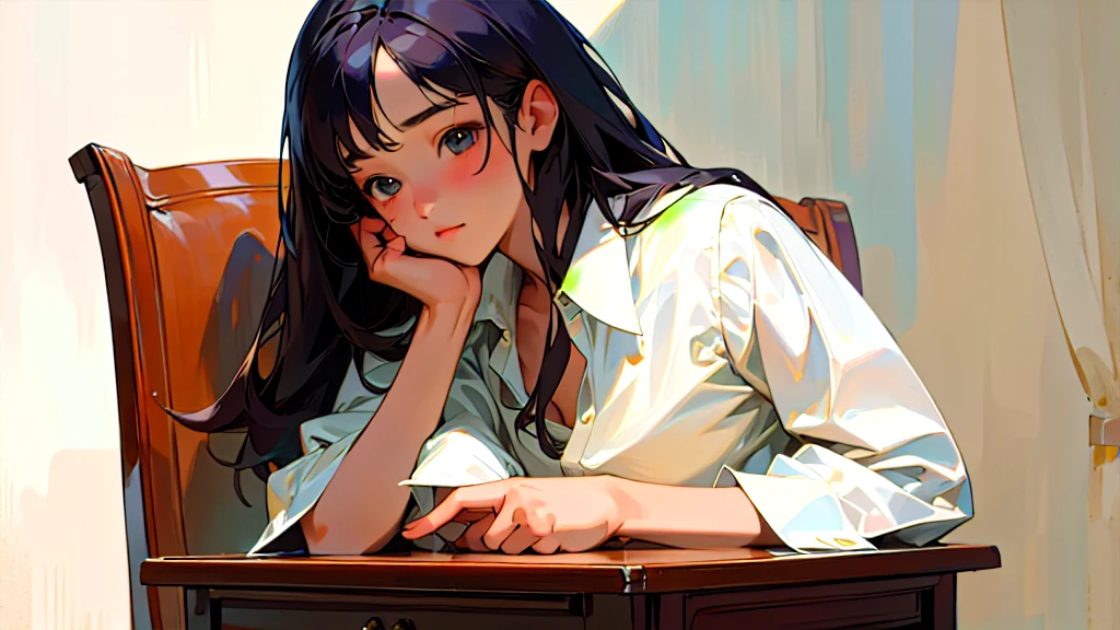(Highest quality, masterpiece, Ultra-realistic), Beautiful and delicate１５Year-old girl portrait, With a calm and gentle expression, The background is a man studying hard at his desk in his bedroom at home.、shirt with a slightly open chest、Bust is C cup、It&#39;s summer、The decorations are retro、