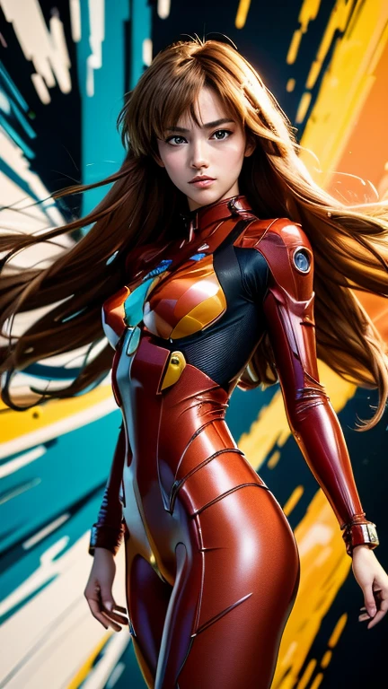 (masterpiece, Highest quality, High resolution:1.2), (Realistic:1.2), (Film Grain:1.3), (Pathological light:1.2), (Dynamic Angle), RAW Photos, (Asuka Langley), young, cute, Very slim, skinny, A red suit with highly detailed Evangelion textures, (Super-detailed body), (A light smile:0.8), (Dynamic pose), Moonlight filtering through hair, (Abstract colorful art background:1.3), (sharp), Exposure Blending, Bokeh, Dim Light, (High resolution:1.4), High Contrast, (Calm colors, Dim color, Calm tone:1.3), Low saturation, Pathological