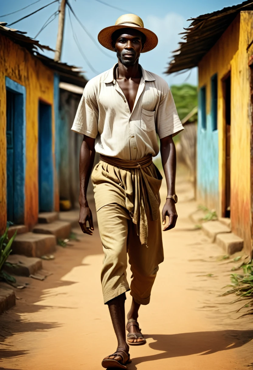 realistic illustration of africans man, walking forward, front view, old times, background carib old time style, full picture, detailed picture