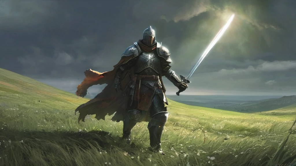Amidst the rolling hills of the Forgotten Realms, where the whispers of ancient battles echo through the tall grasses and the sky hangs heavy with ominous clouds, strides Sir Alistair—a knight burdened by the weight of prophecy and the legacy of his forefathers. His short, brown curly hair ruffles in the wind, a stark contrast to the gleaming steel of his battle-worn armor that bears the marks of countless skirmishes and hard-fought victories.
With each step, the knight's boots sink into the soft earth of the grassfield, leaving imprints that tell tales of valor and hardship. His gauntleted hand rests lightly on the pommel of a sword that hangs at his hip, its blade etched with runes of ancient power and tempered by the blood of mythical beasts.
Behind him, the sun dips below the horizon, casting long shadows that stretch across the verdant landscape like spectral fingers. The air is heavy with the scent of wildflowers and the distant rumble of thunder—a portent of storms to come and battles yet to be waged.
In this AI-generated image inspired by medieval dark fantasy, Sir Alistair's solitary journey through the grassfield becomes a testament to courage, duty, and the unyielding quest for honor in a world where shadows lurk at every turn and the line between hero and villain blurs.