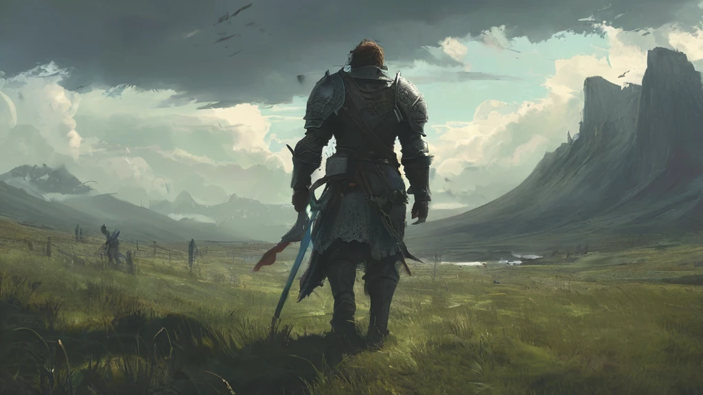 Amidst the rolling hills of the Forgotten Realms, where the whispers of ancient battles echo through the tall grasses and the sky hangs heavy with ominous clouds, strides Sir Alistair—a knight burdened by the weight of prophecy and the legacy of his forefathers. His short, brown curly hair ruffles in the wind, a stark contrast to the gleaming steel of his battle-worn armor that bears the marks of countless skirmishes and hard-fought victories.
With each step, the knight's boots sink into the soft earth of the grassfield, leaving imprints that tell tales of valor and hardship. His gauntleted hand rests lightly on the pommel of a sword that hangs at his hip, its blade etched with runes of ancient power and tempered by the blood of mythical beasts.
Behind him, the sun dips below the horizon, casting long shadows that stretch across the verdant landscape like spectral fingers. The air is heavy with the scent of wildflowers and the distant rumble of thunder—a portent of storms to come and battles yet to be waged.
In this AI-generated image inspired by medieval dark fantasy, Sir Alistair's solitary journey through the grassfield becomes a testament to courage, duty, and the unyielding quest for honor in a world where shadows lurk at every turn and the line between hero and villain blurs.
