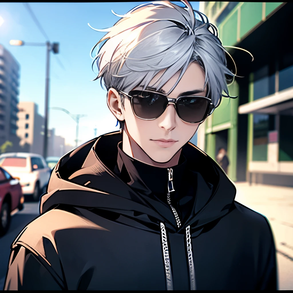 (Very detailed, Pixel perfect, High resolution, Highest quality, Beautifully drawn eyes in every detail), male, short hair, Parted bangs, Silver Hair, blue eyes,Black hoodie, sunglasses, Modern, commander, Motion Blur, 8K, Super detailed, Accurate, Highest quality, Ray Tracing.