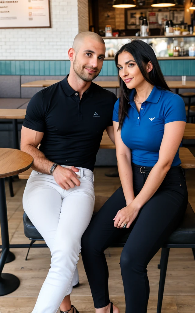Curvy, 38 years old, long hair, brunette hair, blond hair woman, milf woman wearing a plain white t-shirt with tight blue jeans underneath, sitting next to her 25 year old muscular handsome man black hair man with shaved hair, black polo collar and dark blue fabric trousers man , they are sitting opposite each other at the table in the coffee shop and posing