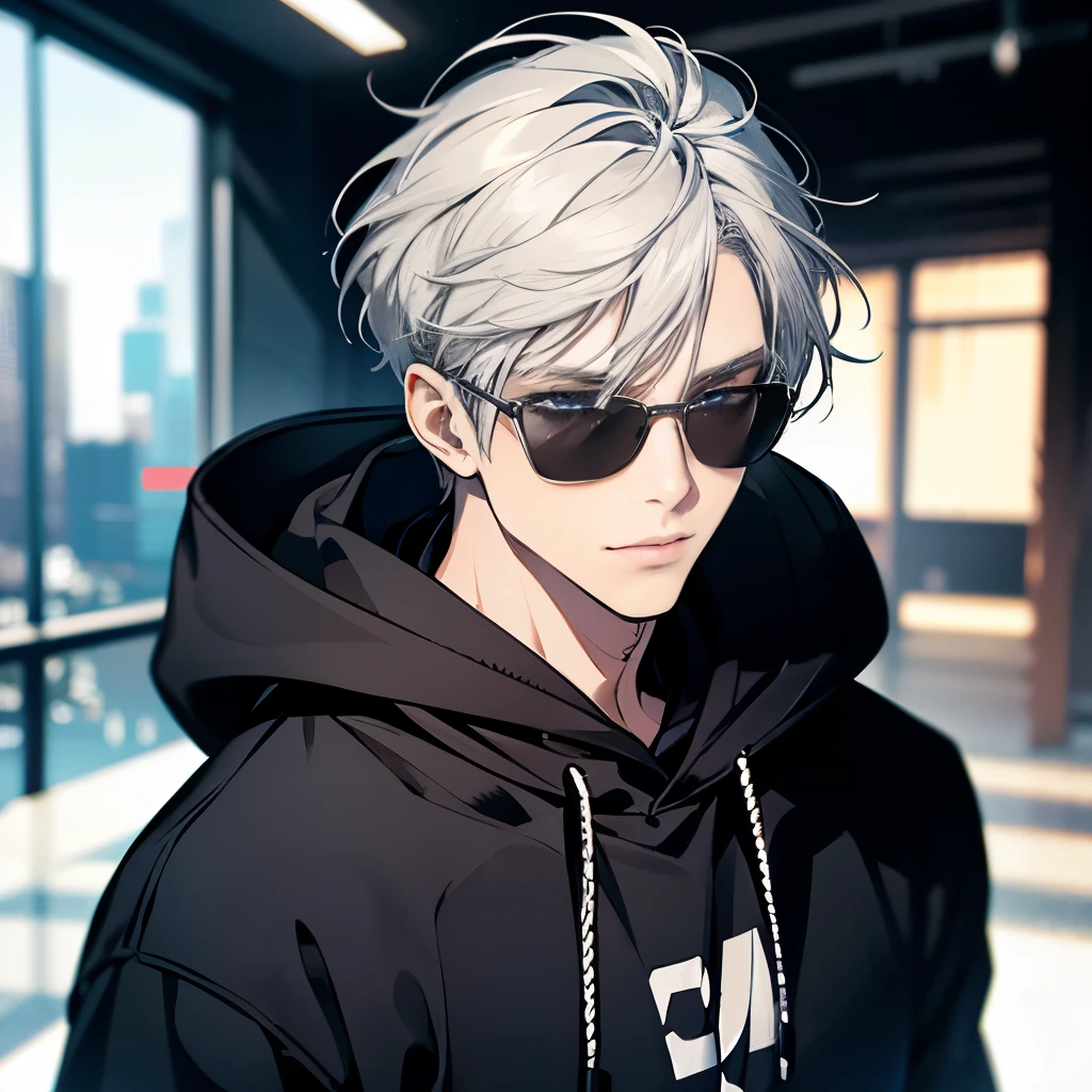 (Very detailed, Pixel perfect, High resolution, Highest quality, Beautifully drawn eyes in every detail), male, short hair, Parted bangs, Silver Hair, blue eyes,Black hoodie, sunglasses, Modern, commander, Motion Blur, 8K, Super detailed, Accurate, Highest quality, Ray Tracing.