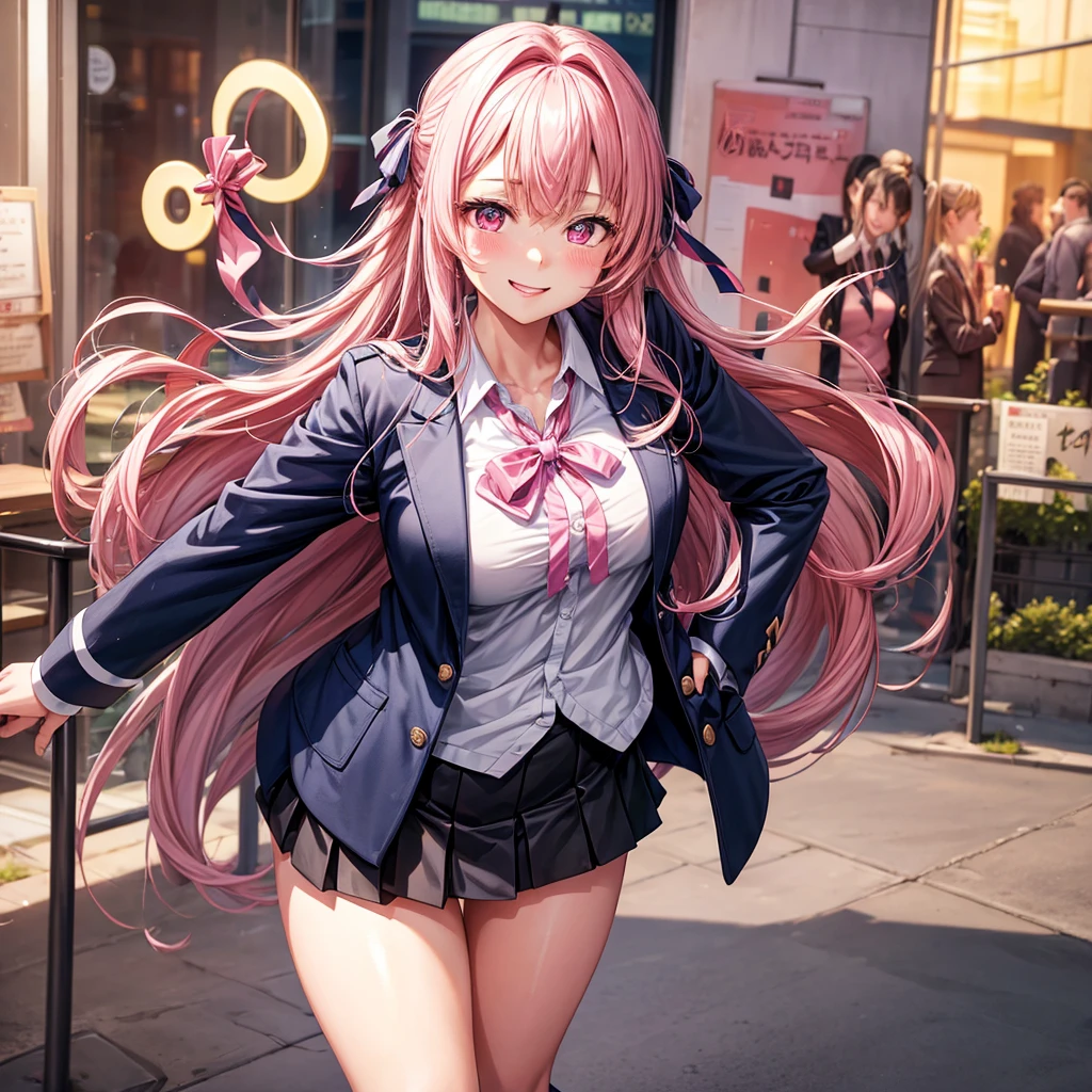 best quality,8K,smile,blazer,ribbon on uniform,mini skirt,high school girl,multiple girls are depicted,Harem,idol group,photo shoot,long hair,wearing a cardigan,highest quality,big breasts,happy girl,????? girl,pink eyes,perfect face,standing position,I have my hands in my pockets,letting down one's bangs,beautiful eyes,gym,girls hugging each other,smooth hair,multicolored hair colors,naughty girl,beautiful girl,beautiful girl,loose socks