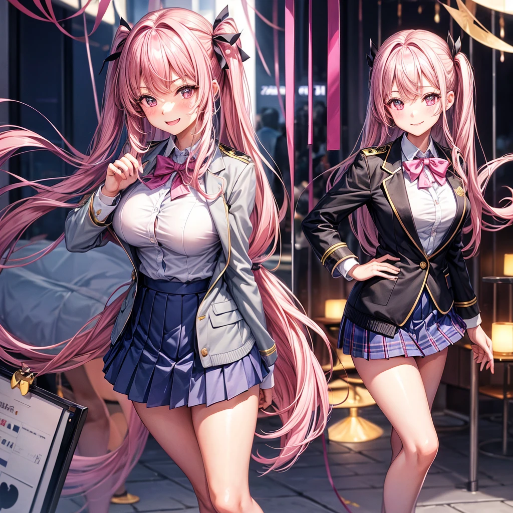 best quality,8K,smile,blazer,ribbon on uniform,mini skirt,high school girl,multiple girls are depicted,Harem,idol group,photo shoot,long hair,wearing a cardigan,highest quality,big breasts,happy girl,horny girl,pink eyes,perfect face,standing position,I have my hands in my pockets,letting down one's bangs,beautiful eyes,gym,girls hugging each other,smooth hair,multicolored hair colors,naughty girl,beautiful girl,beautiful girl,loose socks