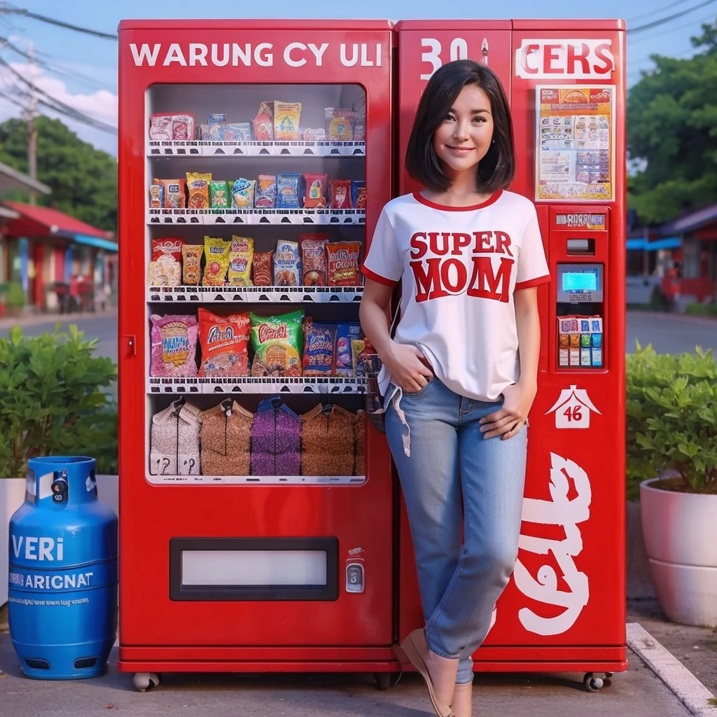 a woman standing in front of a vending machine