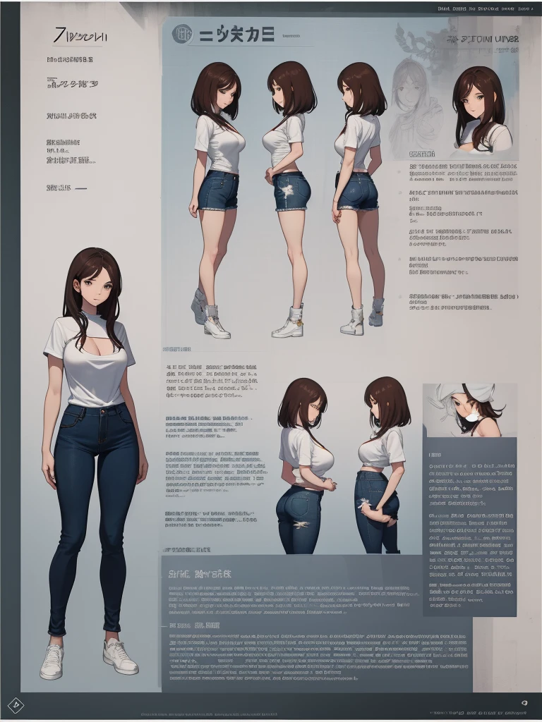 Detailed character sheet, Front view, Side view, Diagonal view, with a white returnground, show women, 21 years old, huge breasts, with short dark brown hair combed return, Wearing light fashion clothing, Wearing tight denim jeans. The seat includes different angles, Front etc., return, and Side views, Model sheets and reference sheets, Full-body painting. Proportions are based on a 7.5 head scale. Anime style