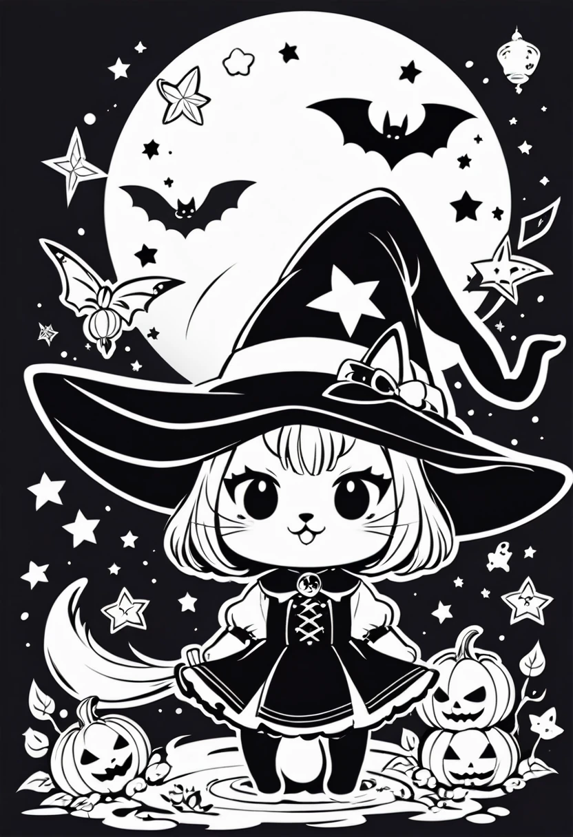 Fun illustration of a kitten dressed as a witch. black and white art. vector style