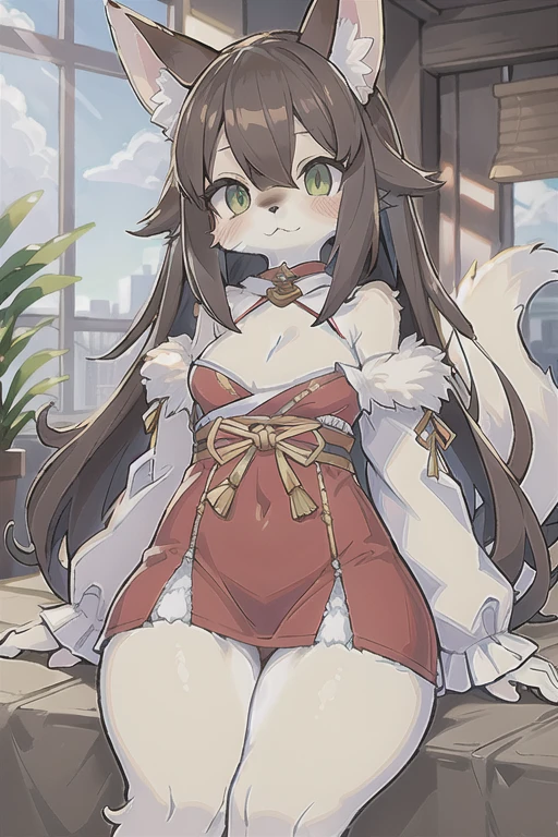 anthro female dog,short jeans,long Curly hair,eyes with brightness,in a panoramic view,focal point。Detailed background enhancement(0.7),solo,Furry fortification,Furry female,female focus,anthr,Fluffy tail all over,eGreen eyes,Yellow-fur,Long brown hair,The fur has white stripes on it,Small and cute strengthened,Long canids strengthened(1.2),interiors、the night、pays(1.1)。