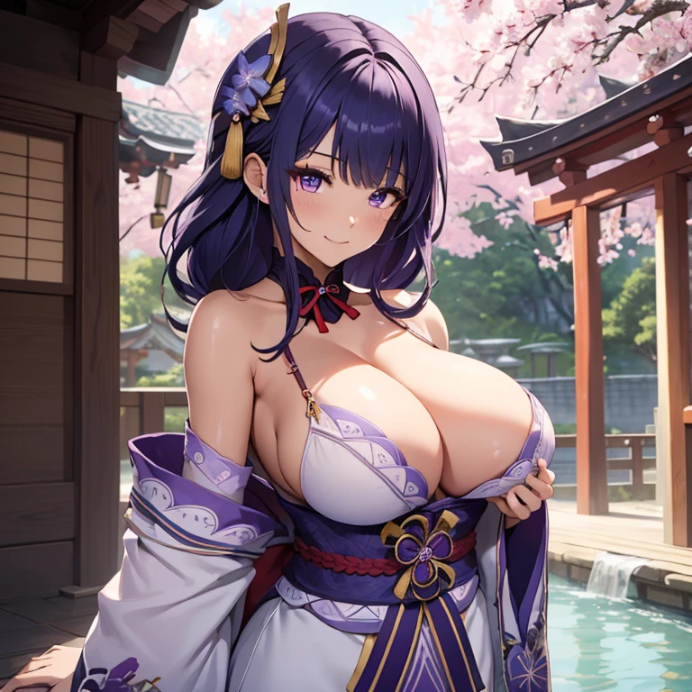 tmasterpiece, Best quality at best, 1girll, Raiden Shogun, (Big breasts:1.6),Off-the-shoulder attire,(cleavage),(upperbody closeup),Raised sexy,is shy,seductive smile, the cherry trees,Cherry blossoms flying,Shrine Maiden clothes, half naked,Zipper half